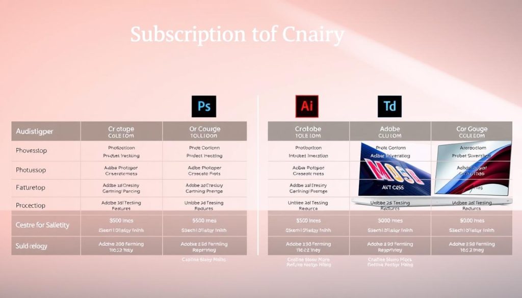 A highly detailed, side-by-side comparison of Adobe's Creative Cloud subscription plans, showcased in a stylish, minimalist layout. The foreground displays the various plan options, each with their distinctive icons, feature sets, and pricing information, arranged in a clean grid. The middle ground features sleek, modern product shots of Adobe's creative applications, such as Photoshop, Illustrator, and InDesign, against a neutral, softly lit backdrop. The background subtly blends Adobe's signature color palette, creating a professional, aspirational atmosphere. The overall composition emphasizes the breadth of Adobe's creative suite, making it easy for the viewer to visualize the differences between the plans and make an informed decision.