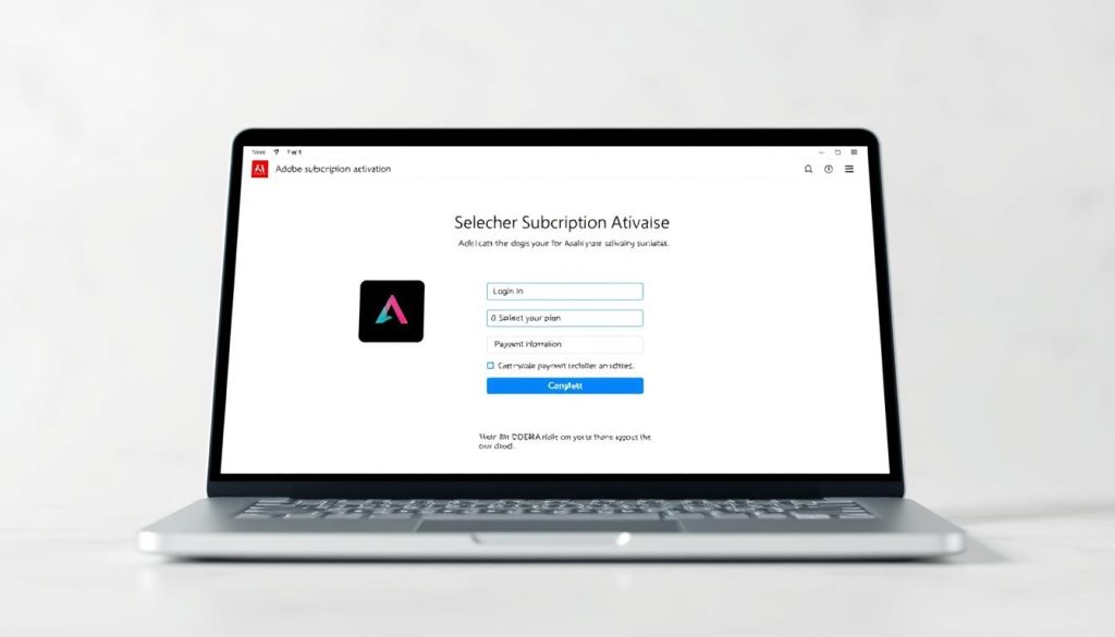 a highly detailed, realistic, and visually appealing image of the Adobe subscription activation process, showcasing a clean and intuitive user interface on a laptop or desktop computer screen. The image should feature a modern, minimalist design with a light, airy color palette, conveying a sense of simplicity and security. The foreground should depict the various steps of the subscription activation flow, such as logging in, selecting a plan, providing payment information, and completing the process. The middle ground should include subtle UI elements, icons, and animations to illustrate the seamless and user-friendly nature of the experience. The background should provide a neutral, slightly blurred setting, emphasizing the focus on the core subscription activation functionality. The overall scene should exude a sense of professionalism, reliability, and trustworthiness, aligning with the article's subject and section title.