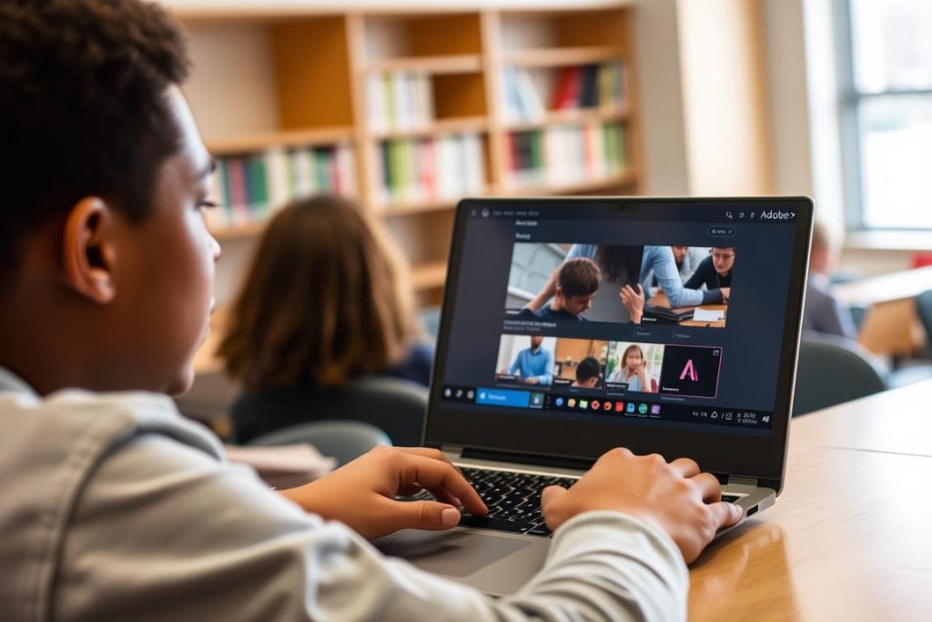 学生使用Adobe软件进行创意设计的场景，展示Adobe订阅价格对比中的教育优惠