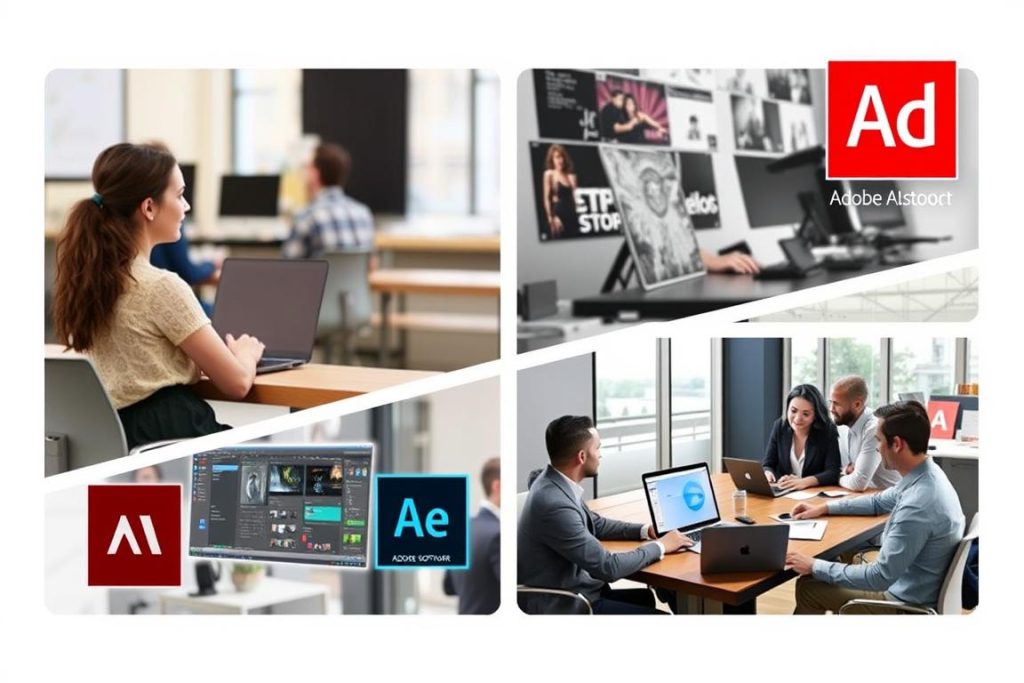 不同类型用户使用Adobe软件的场景拼贴，Adobe订阅价格对比中的用户选择