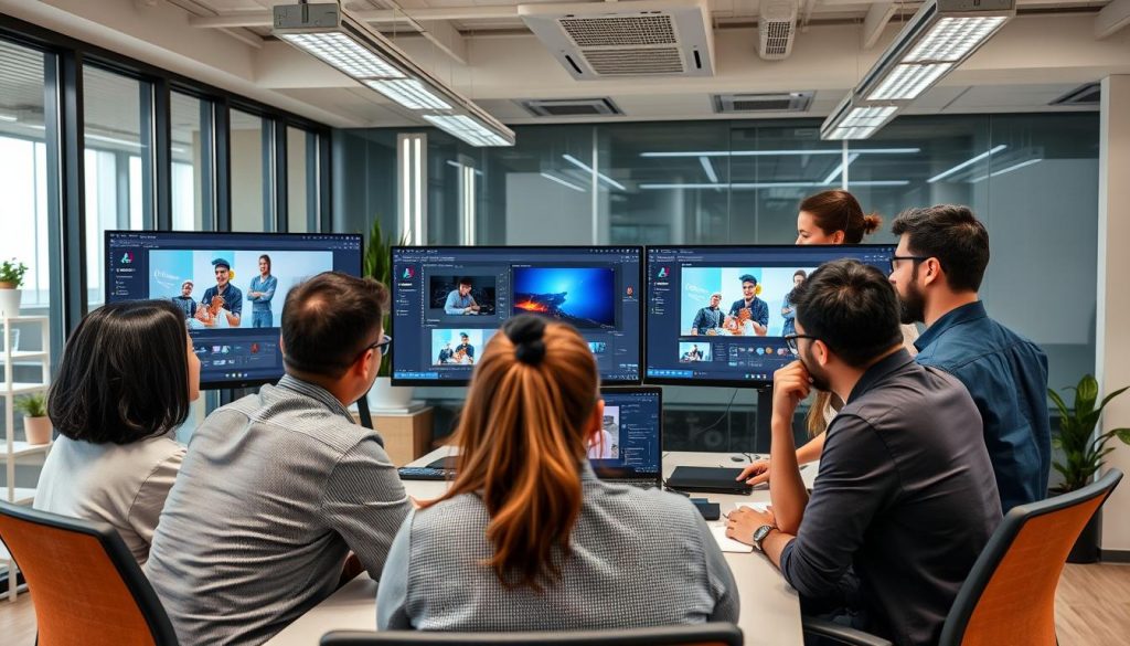 企业团队使用Adobe软件协作的场景，展示Adobe订阅价格对比中的企业方案