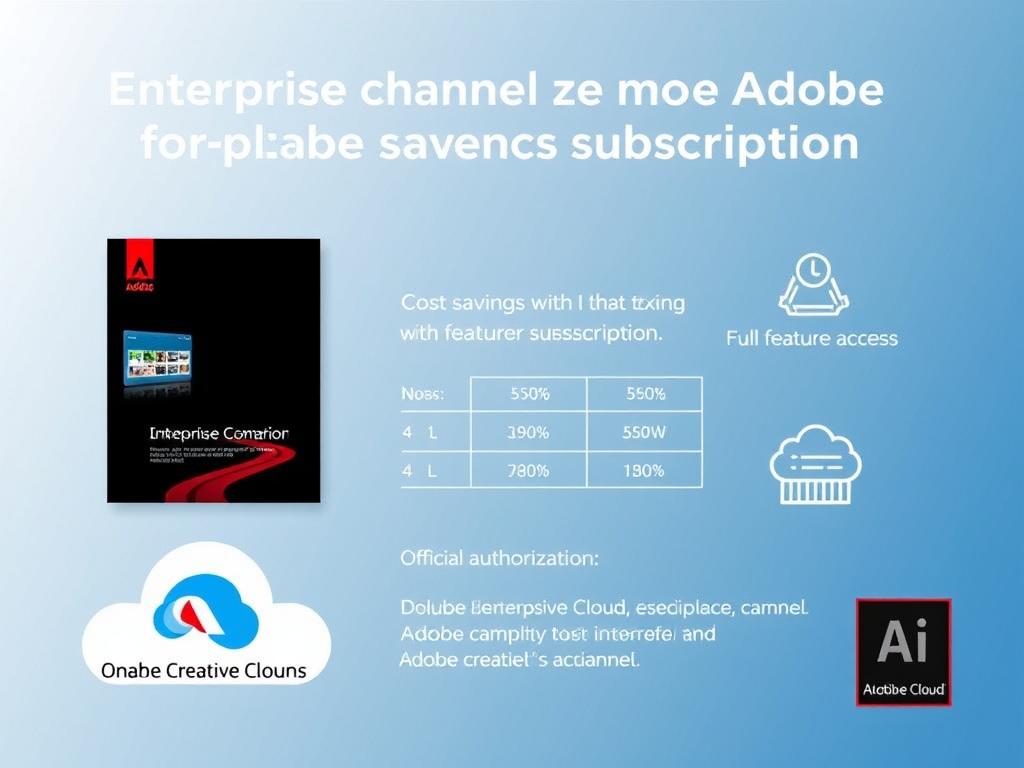 Adobe Creative Cloud企业渠道订阅优势图示，展示价格优势和功能完整性