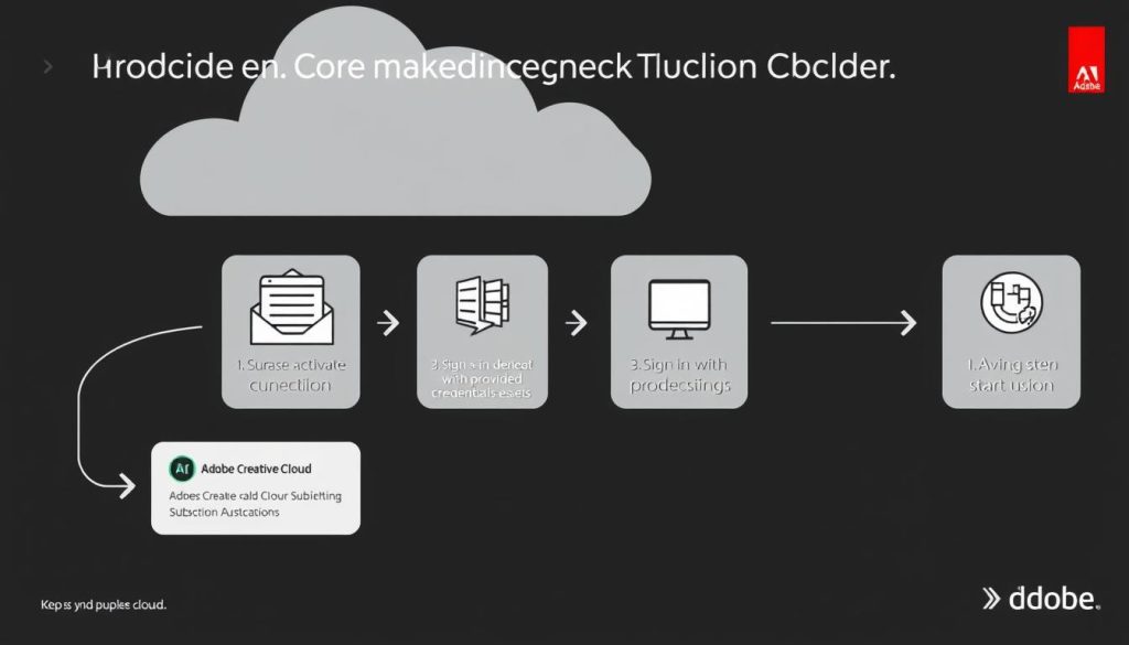 Adobe Creative Cloud订阅激活流程图示，展示从购买到使用的简单步骤